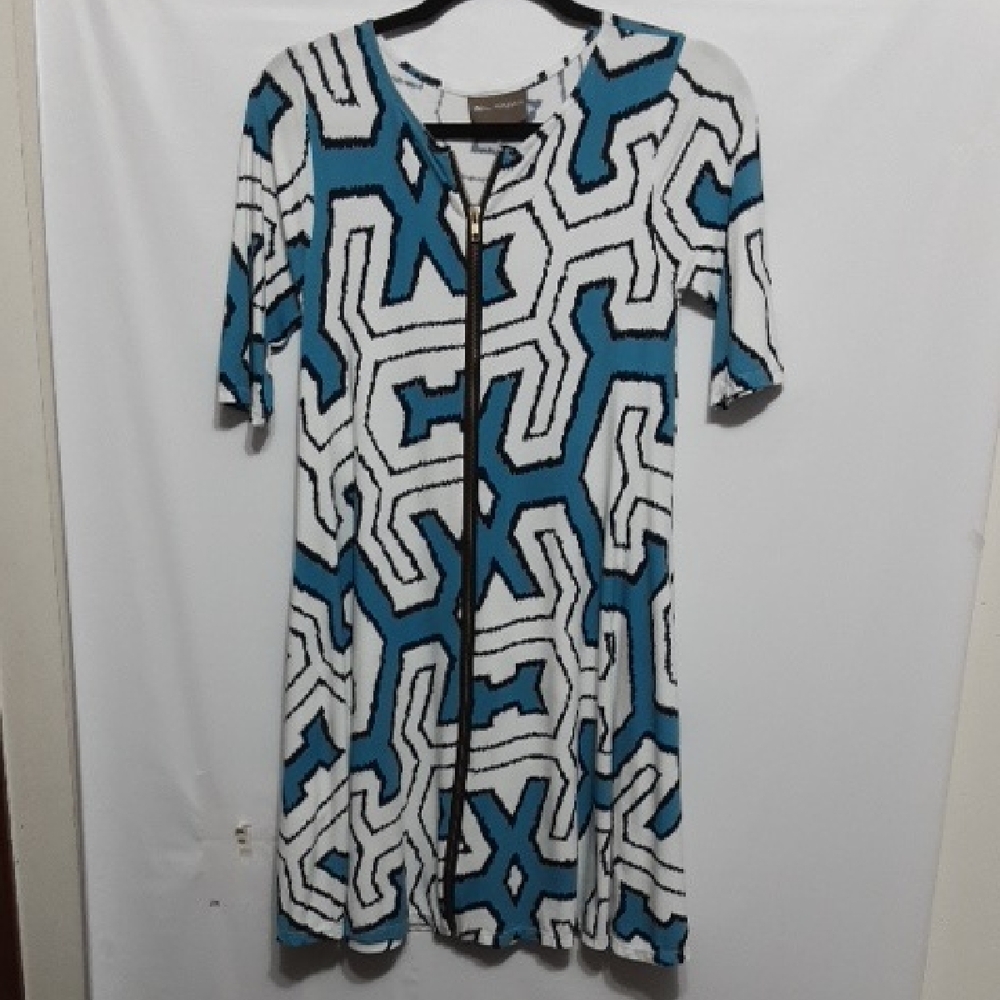 BEL KAZAN ART TO WEAR Geometric‎ Blue and White Dress